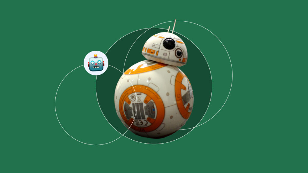 robo do star wars remetendo a inteligência artifical, rodeado de circulos onde há um emoji de cabeça de robô reafirmando o tema de ia no marketing digital